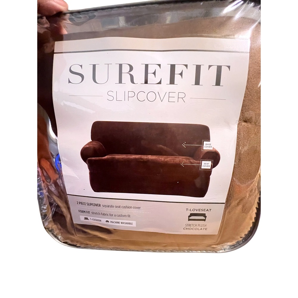 SureFit Stretch Plush T-Loveseat 2 Piece Slipcover Chocolate Brown Form Fit NIB
